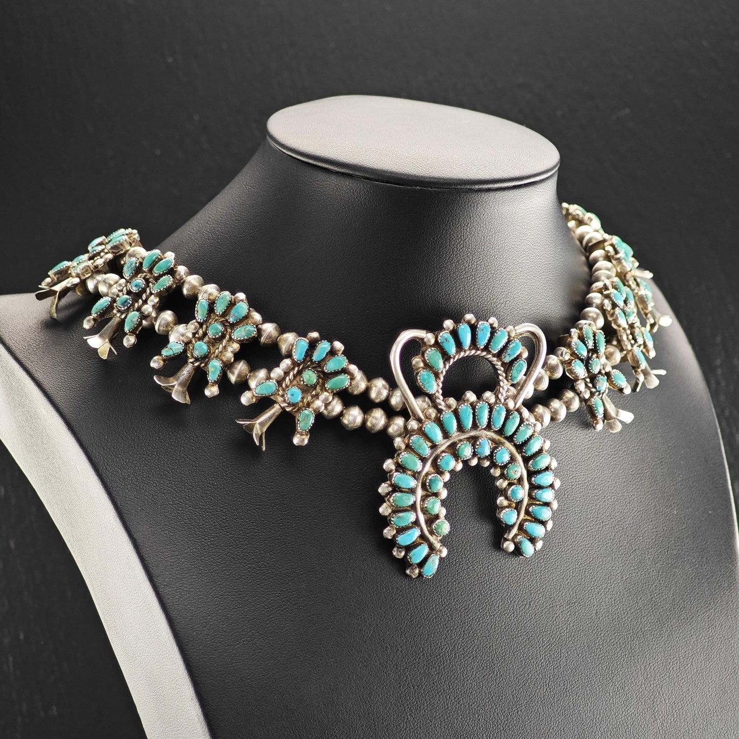 Vintage Zuni Sterling Silver Floral Squash Blossom Necklace with Blue Turquoise Cluster