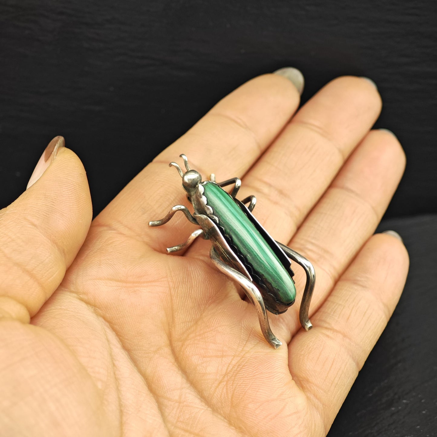 Native American Sterling Silver Brooch Grasshopper Green Malachite