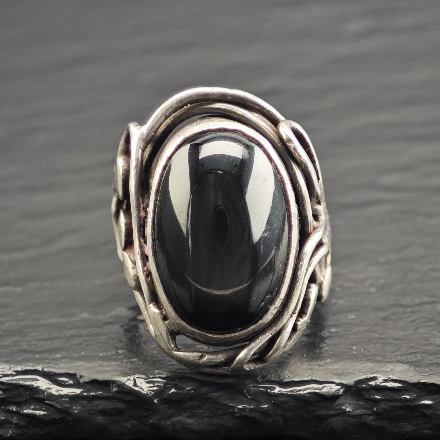 Black Cats Eye Quartz Modernist Sterling Silver Ring Sz 8 R6637