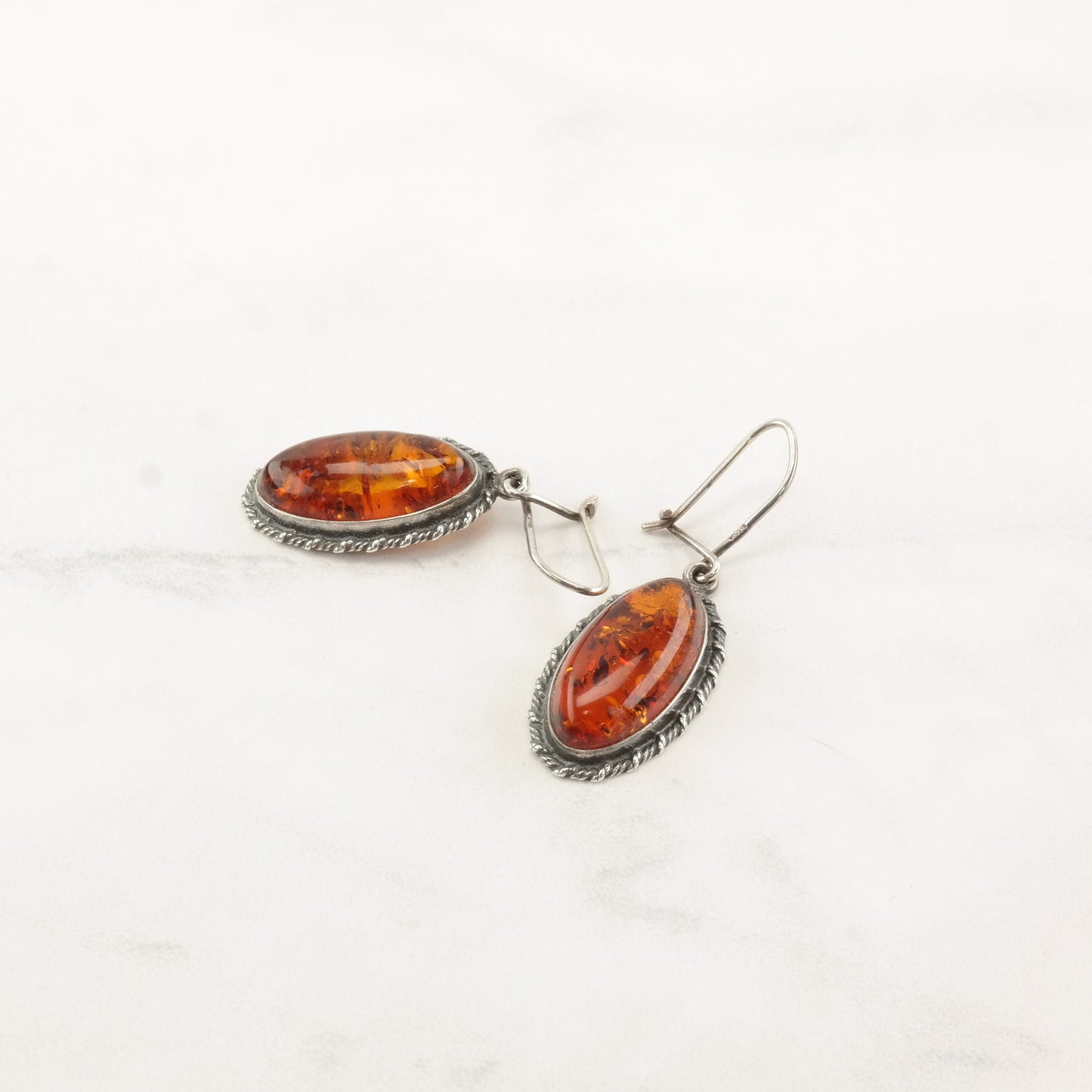 European Sterling Silver Baltic Amber Oval Earrings Fish Hook