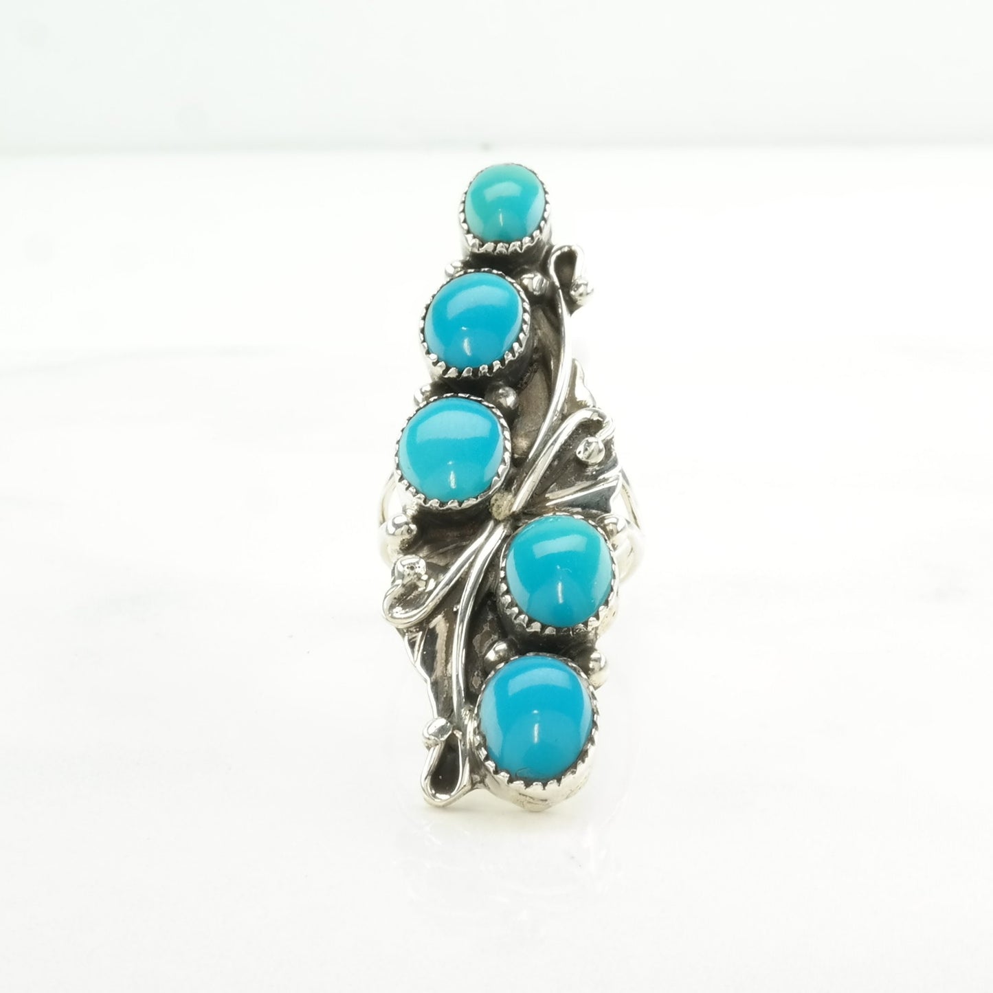 Southwest Silver Ring Block Turquoise Floral Sterling Blue Size 7 1/4