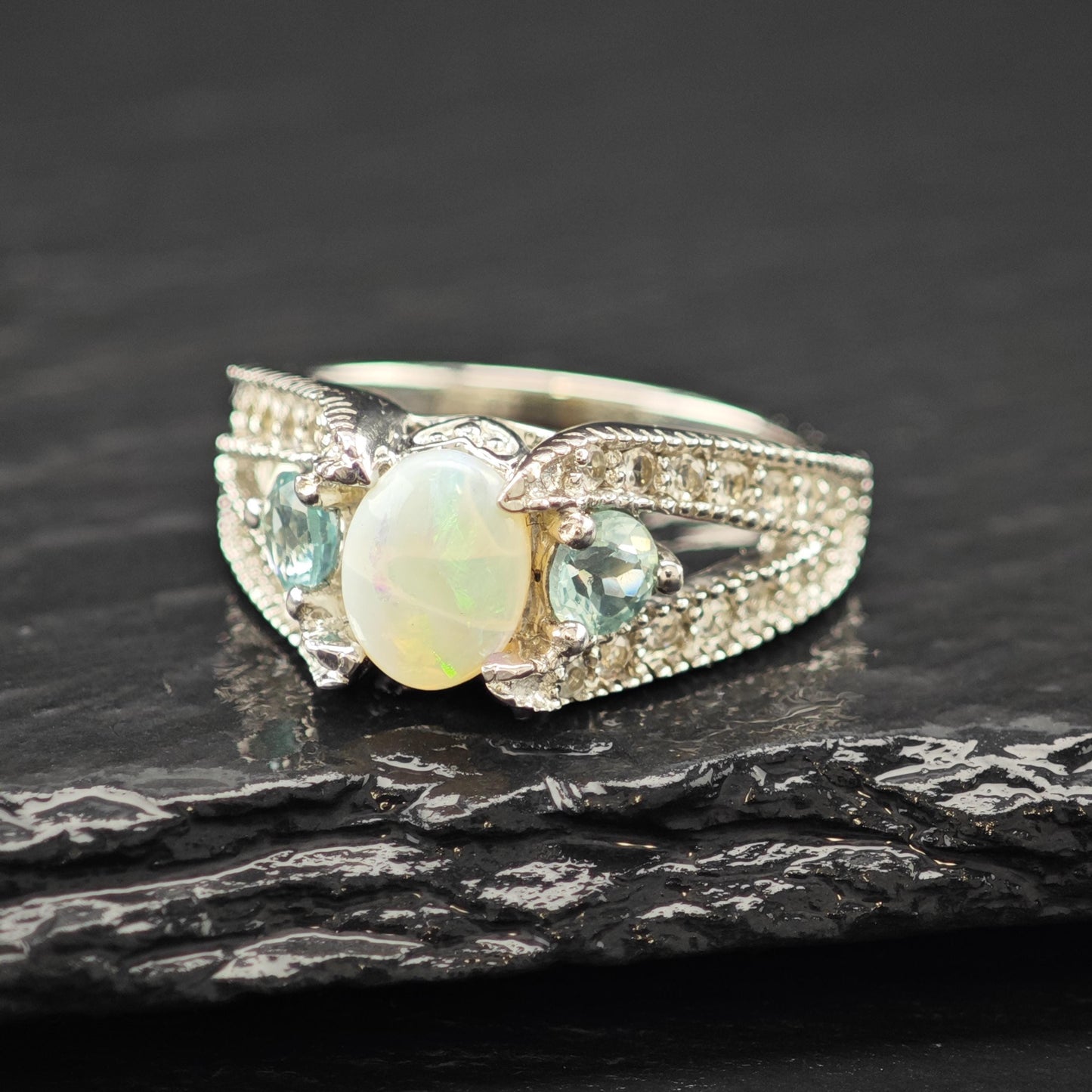 Opal Silver Statement Ring with Blue Gems Size 7 R6143