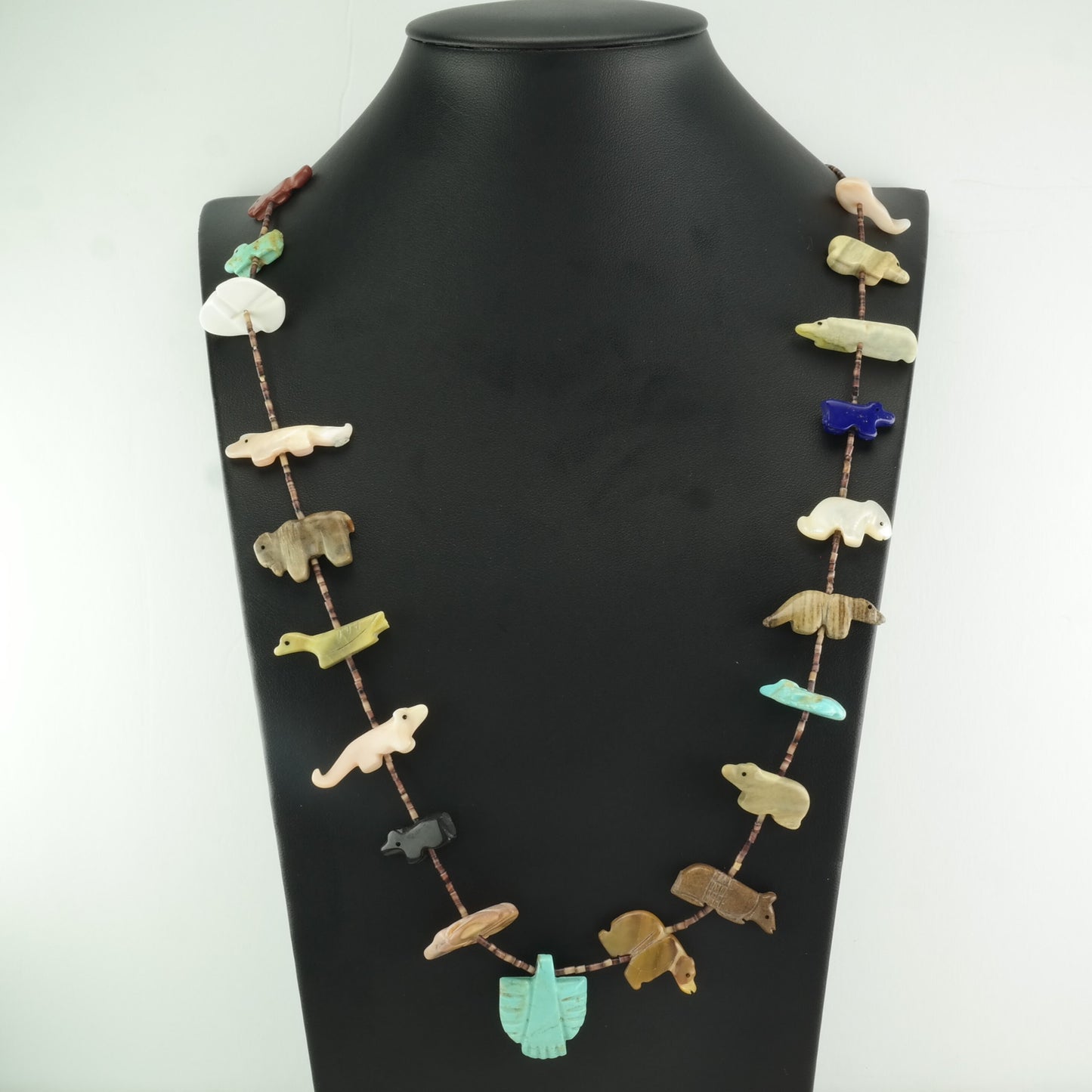 Southwest Sterling Silver Turquoise, MOP, Lapis Lazuli Animal, Heishi Necklace