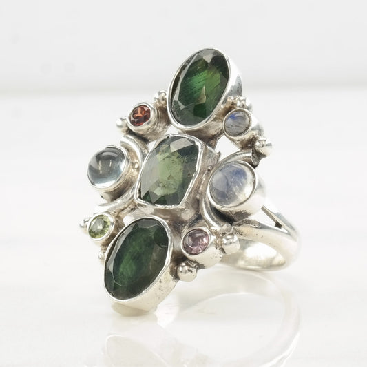 Sterling Silver Ring Green Diopside, Moonstone, Multi Gem Size 8