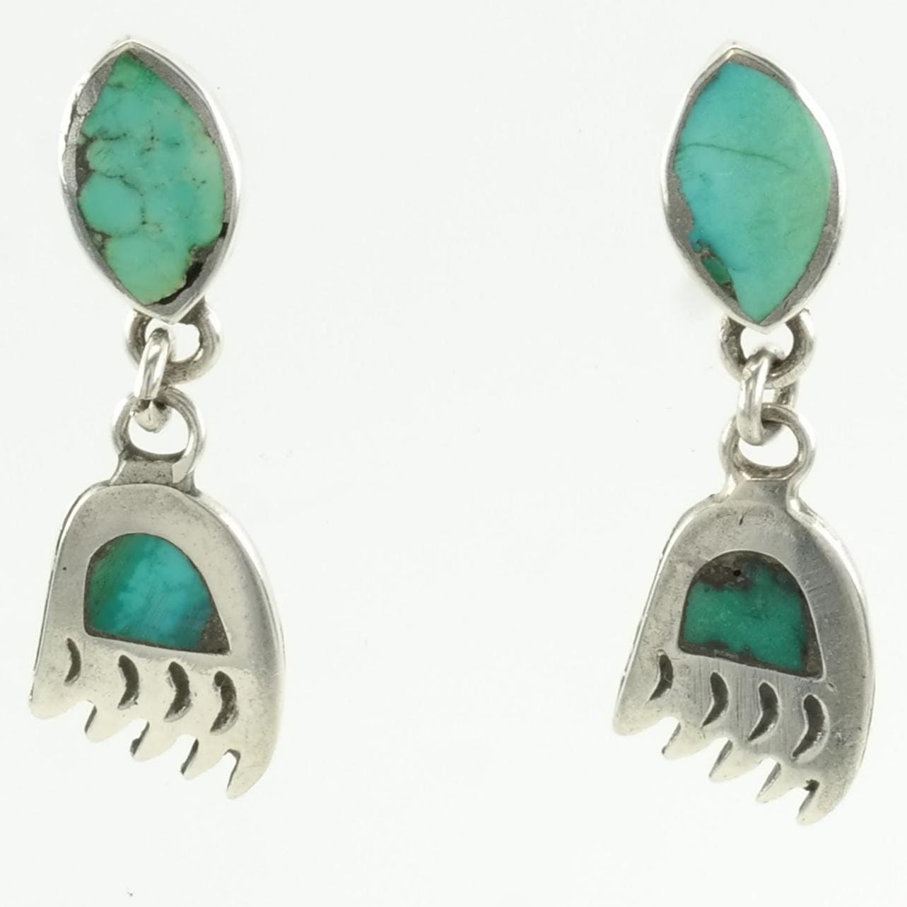 Native American Sterling Silver Blue Turquoise Inlay, Bear Paw Earrings Stud/dangle