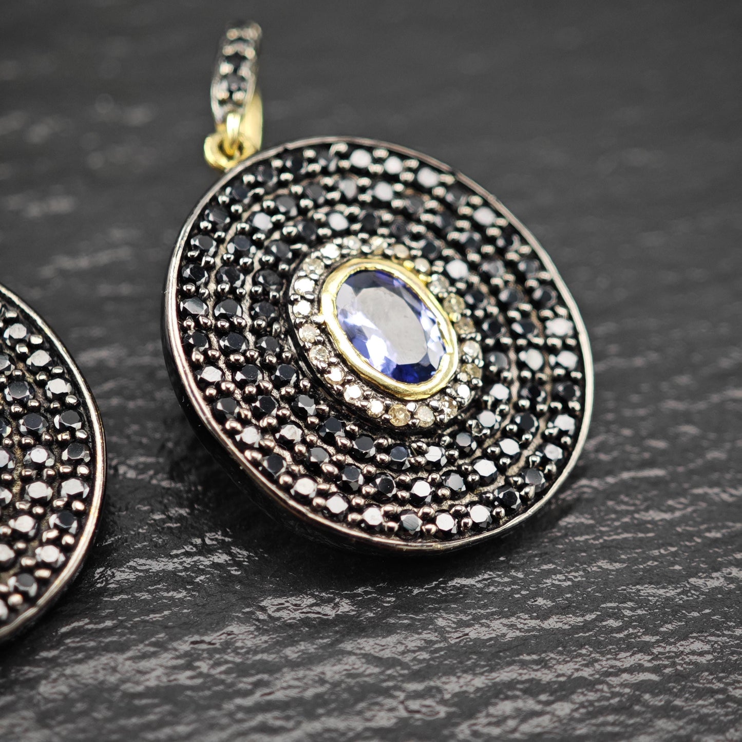 MLD Black, blue, Gold Tanzanite, Diamond, Spinel Pave Sterling Silver Dangle Earrings