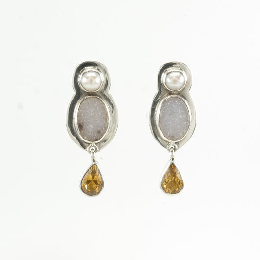 The Dreamer Sterling Silver White Pearl, Druzy Quartz Citrine Earrings Stud, dangle