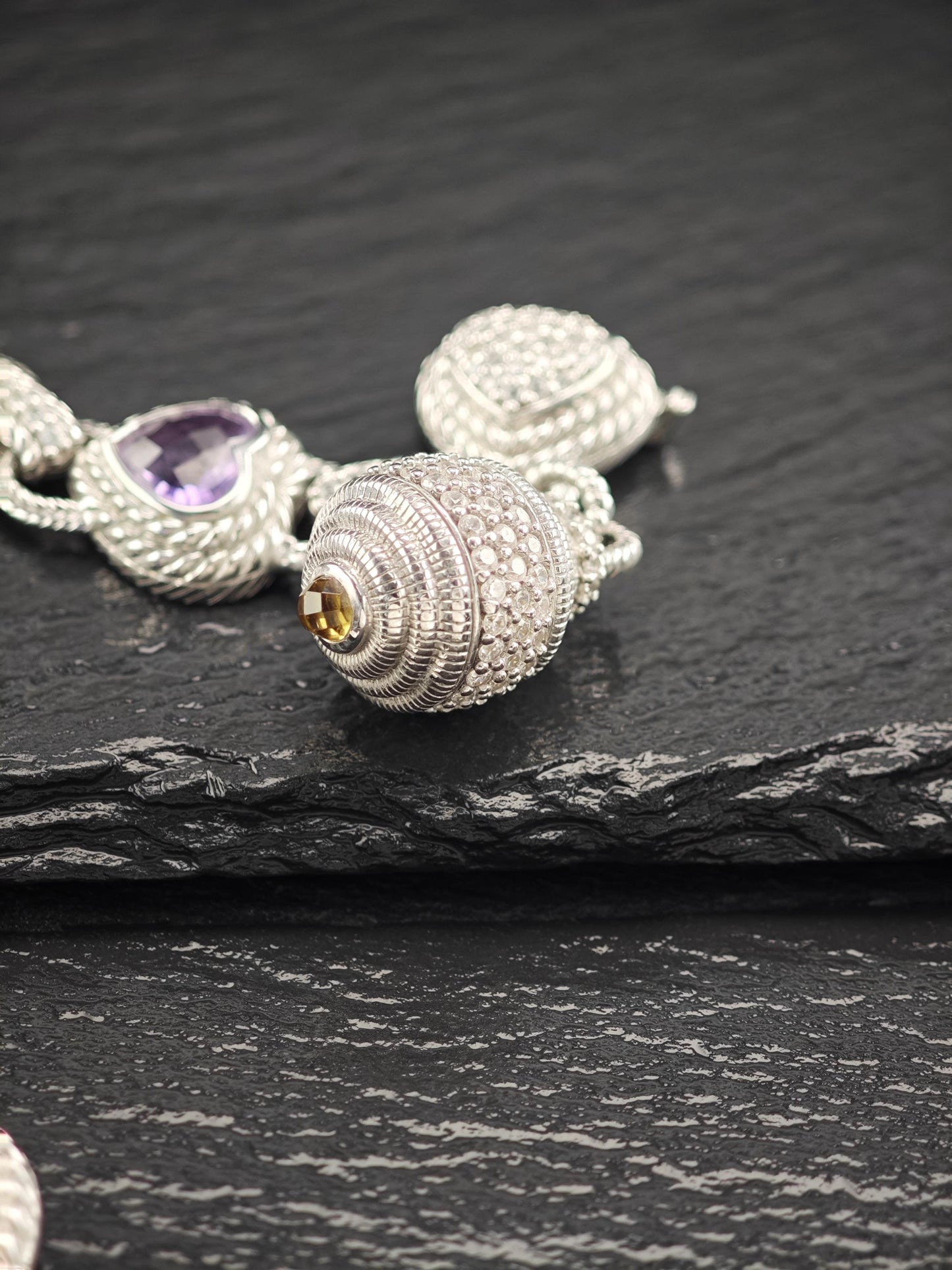 Judith Ripka Amethyst Heart & Doublet Link Bracelet Sterling Silver