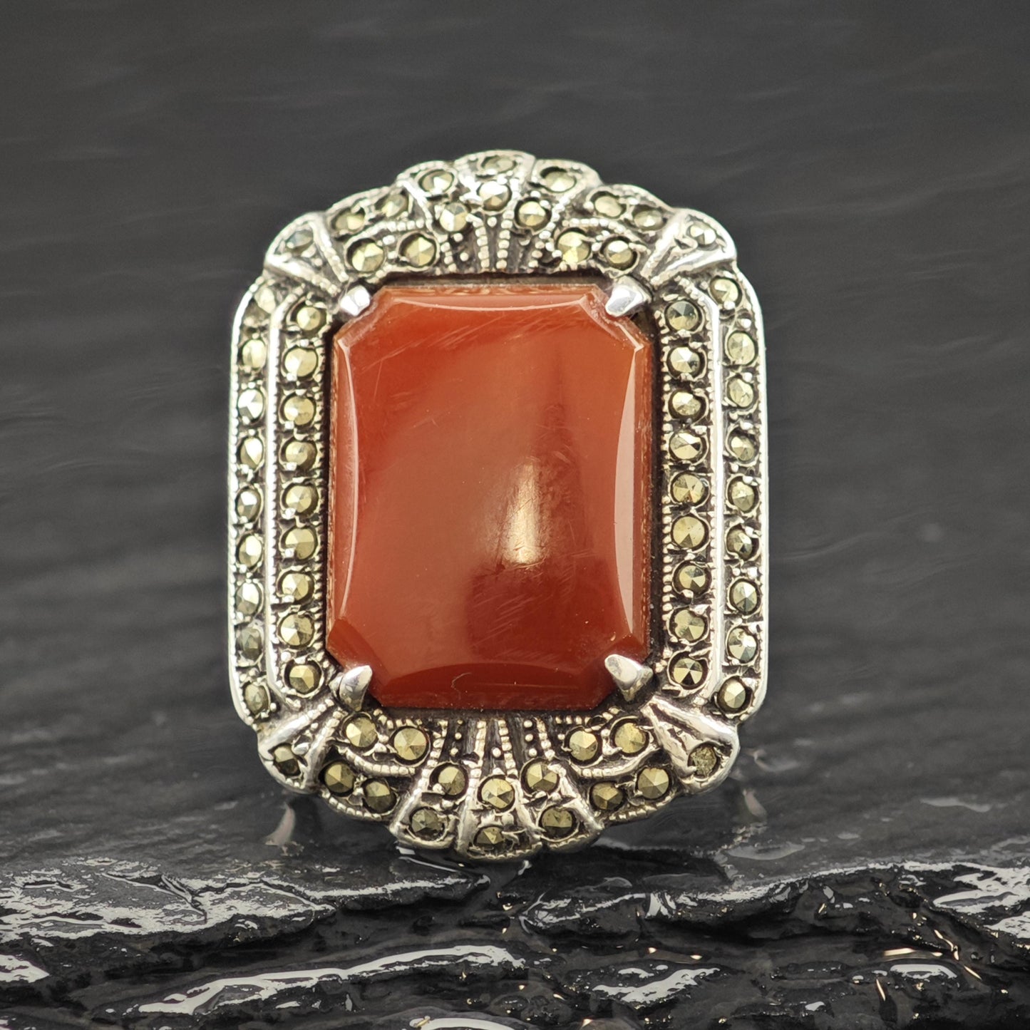 Art Deco Style Carnelian Marcasite Ring Sterling Silver Sz 6 R6253