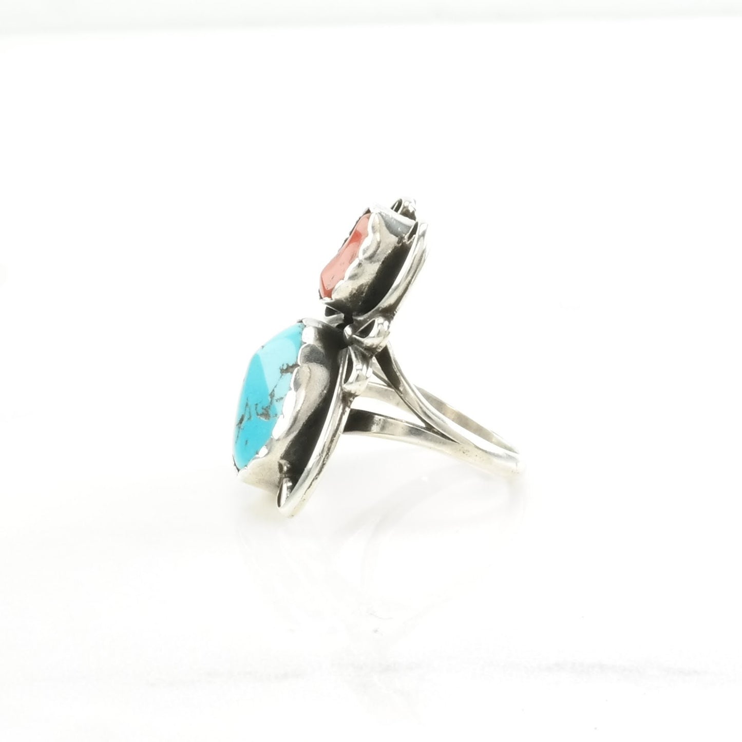 Native American Silver Ring Turquoise, Coral Spider Sterling Blue, Red Size 6 1/2