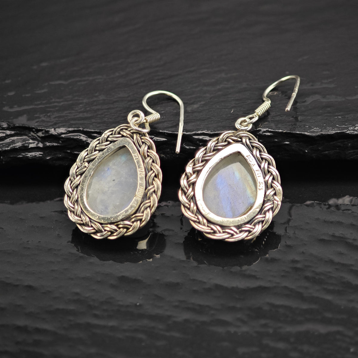 Teardrop Moonstone Braided Detail Sterling Silver Dangle Earrings ER3214