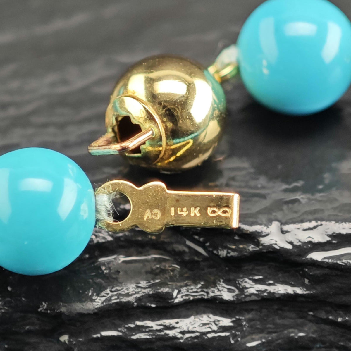 6mm Blue Turquoise 14K Gold Clasp Beaded Necklace N2782