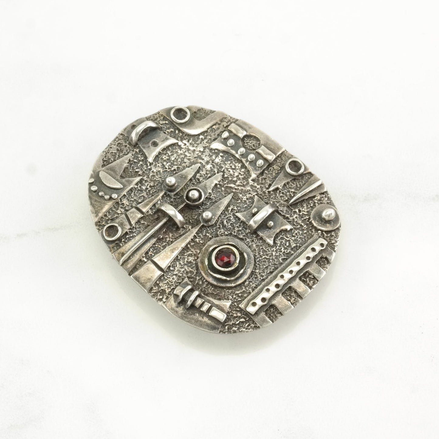 Brutalist Sterling Silver Brooch Pendant Abstract Red Rose Cut Garnet