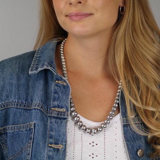 Native 17-8mm, Graduated Stamped Beaded, Necklace Sterling Silver N2512