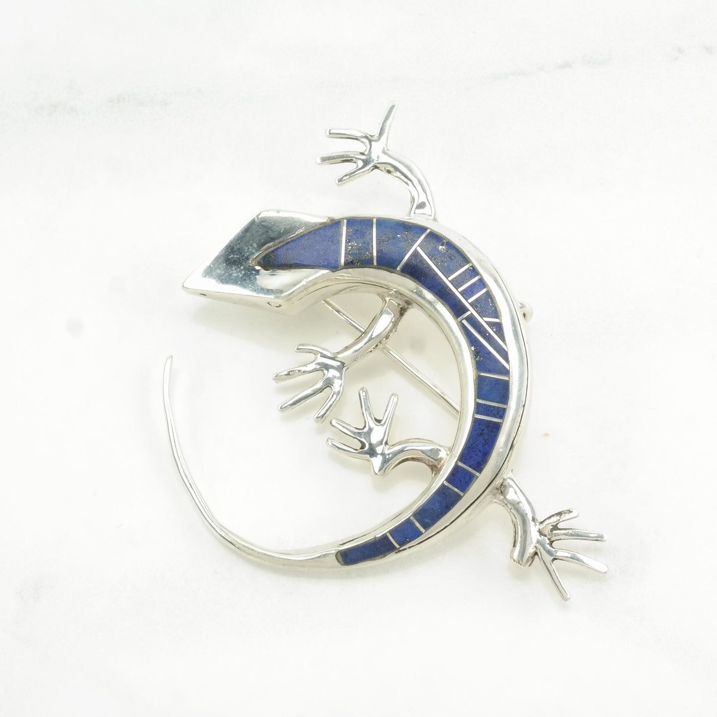 Vintage Blue Silver Brooch Pendant Lizard, Inlay Lapis Lazuli Sterling