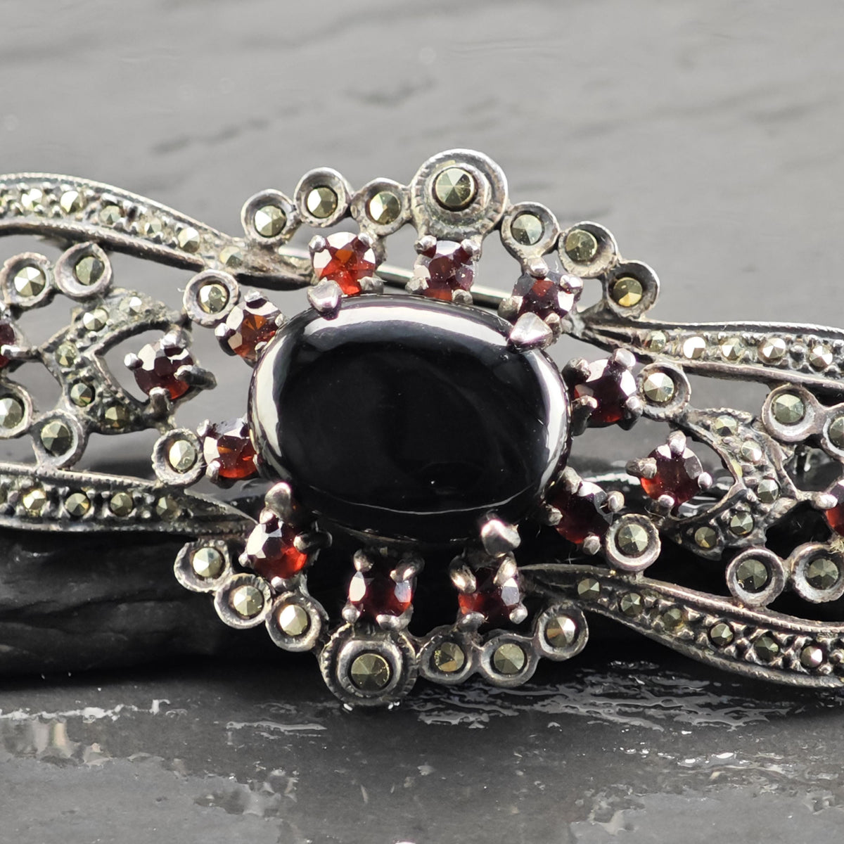 Art Deco Onyx, Garnet Sterling Silver Brooch B2270