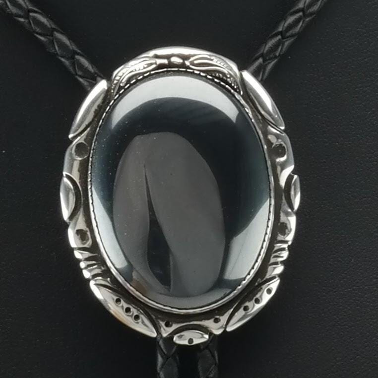 Black Hematite Bolo Tie Necklace Southwest Sterling Silver Vintage