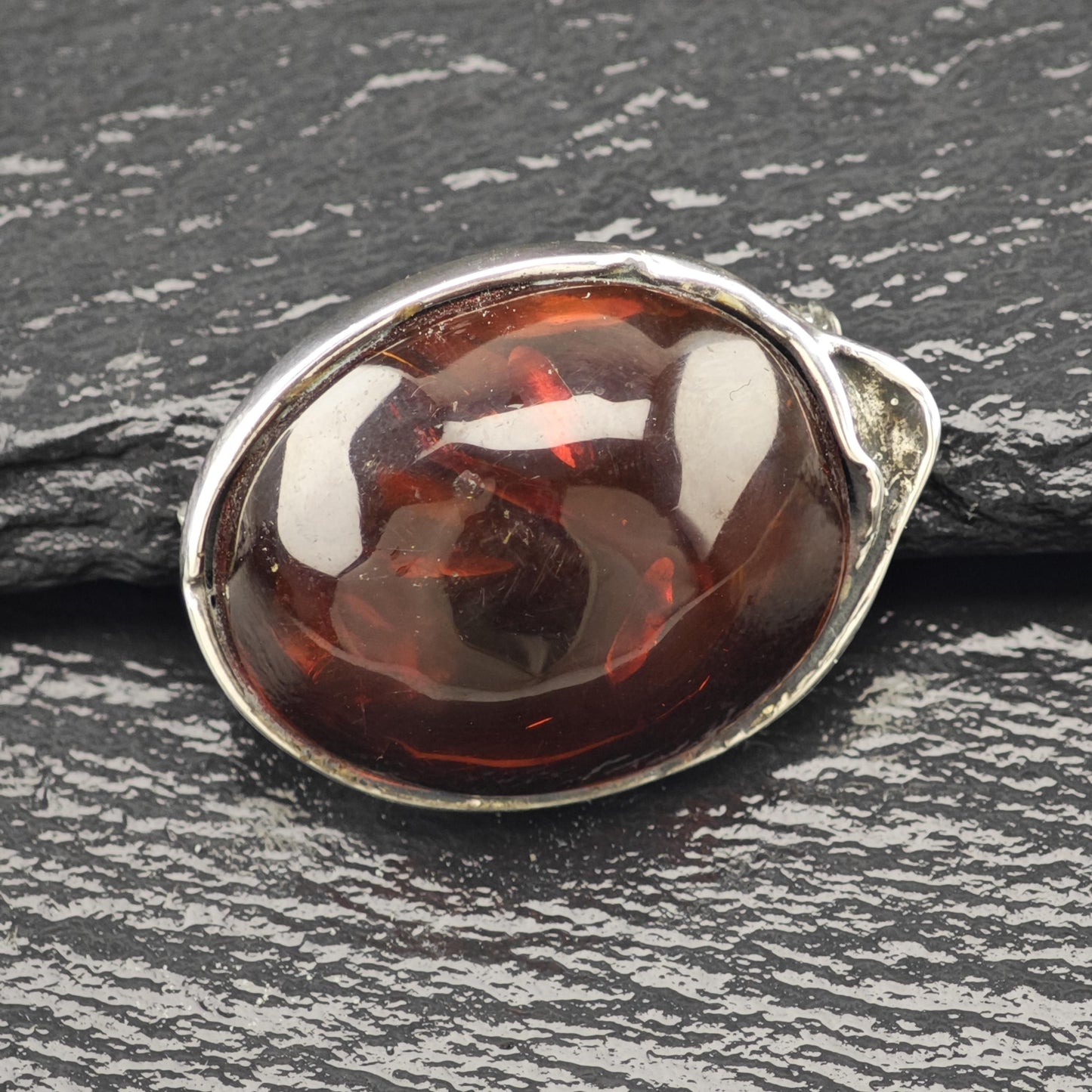 Vintage European Sterling Silver Brooch Oval Orange Natural Amber
