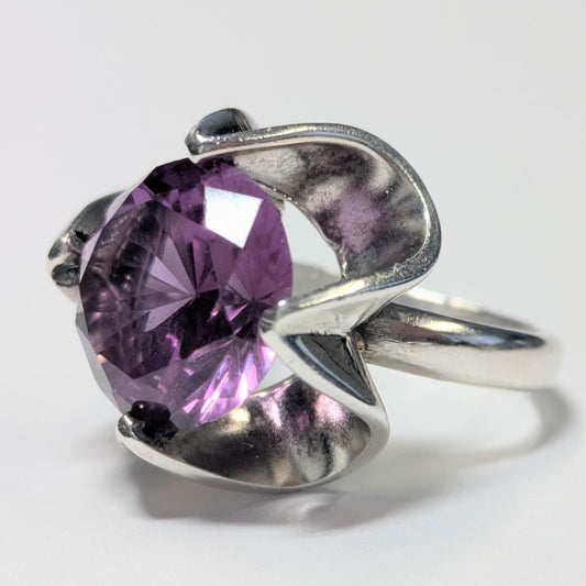 Vintage Sterling Silver Ring Lab Corundum Floral Purple Size 5 1/2