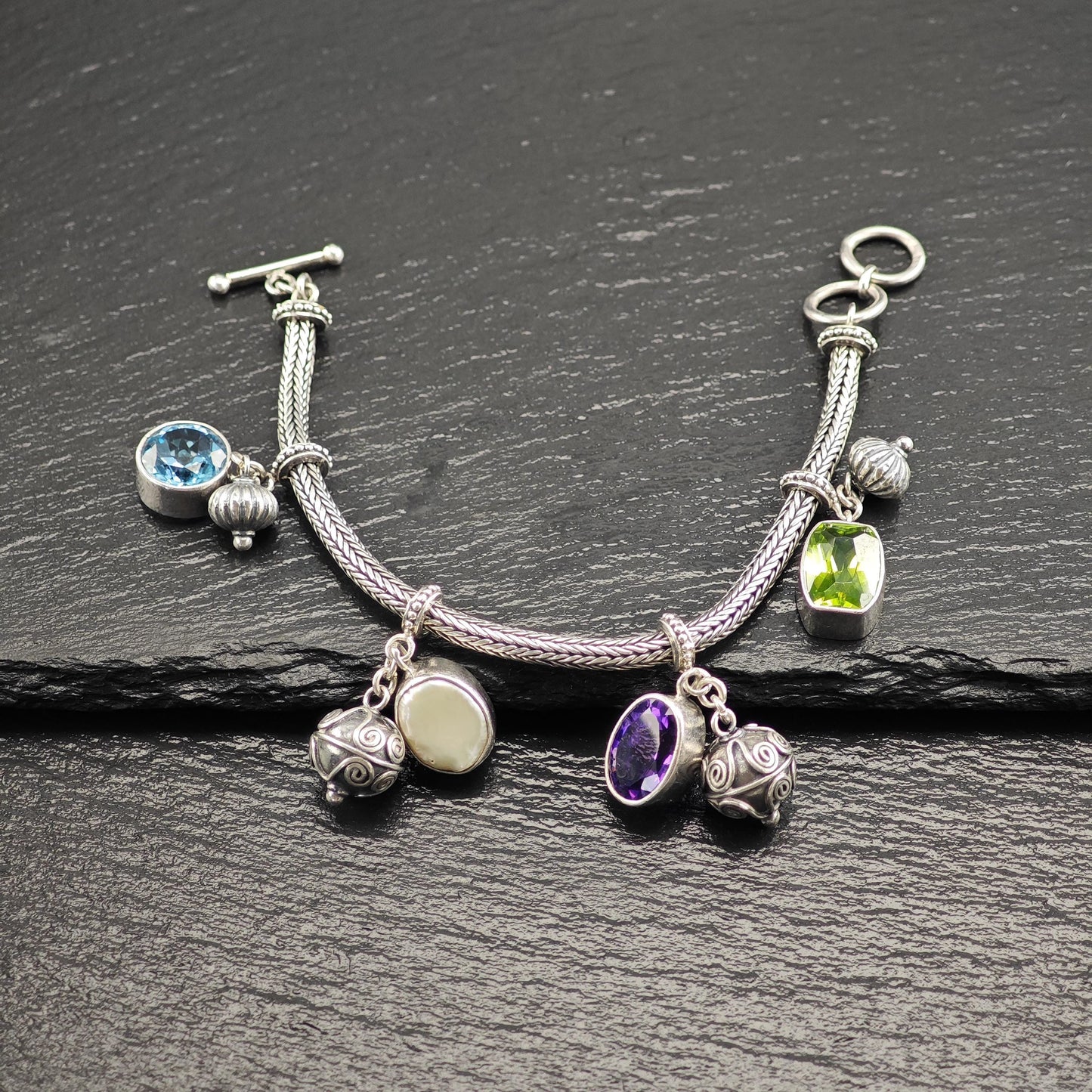 Vintage Topaz, Amethyst, Pearl, Charm Bracelet Sterling Silver