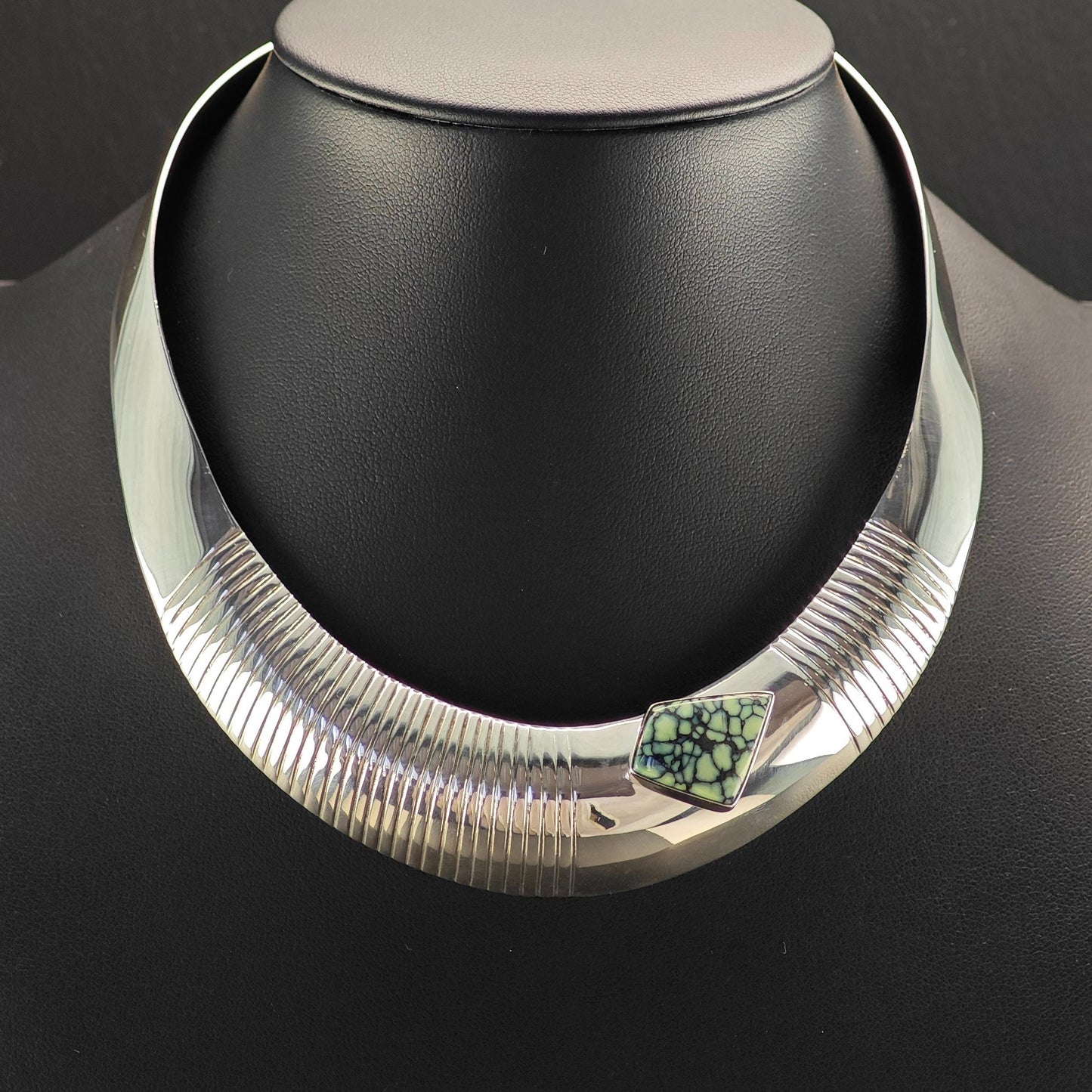 Native Green Variscite, Spiderweb Choker Necklace Sterling Silver Collar N2570