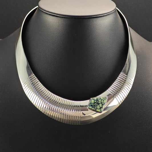 Native Green Variscite, Spiderweb Choker Necklace Sterling Silver Collar N2570