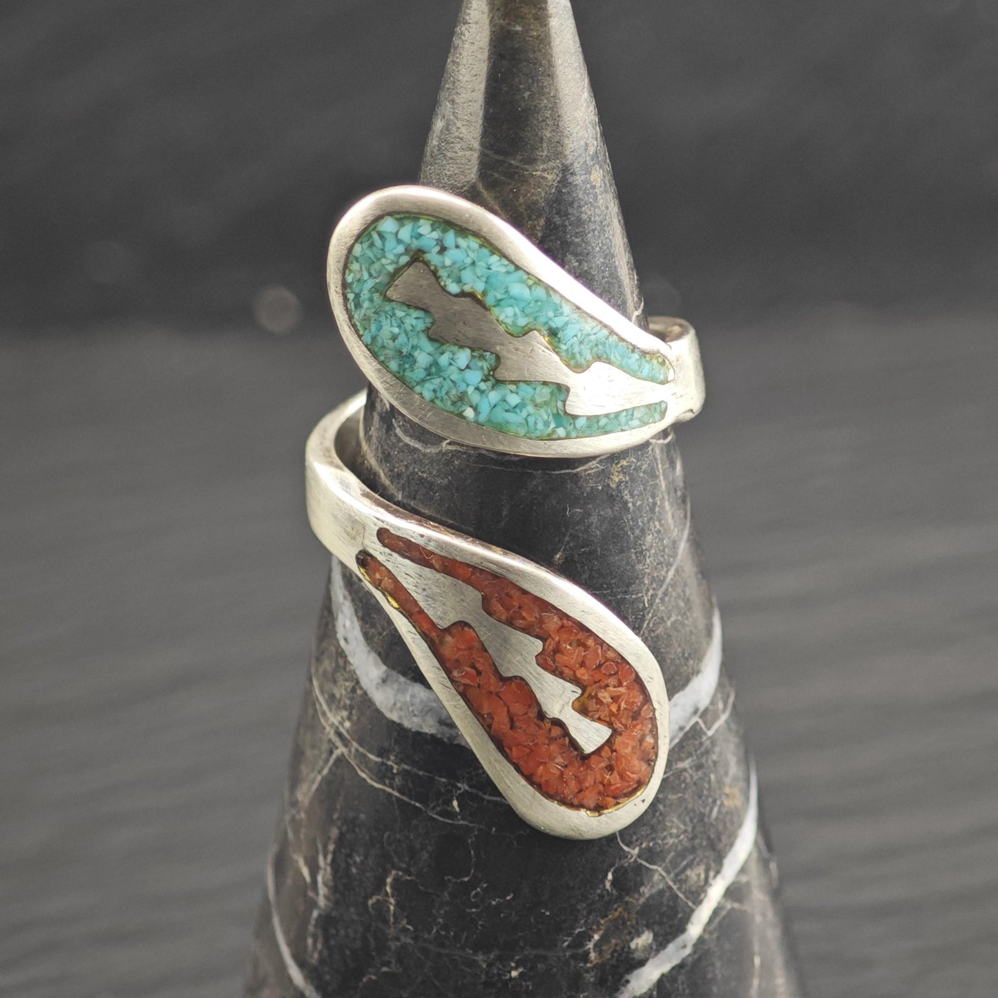 Native American Turquoise & Coral Inlay Bypass Sterling Silver Ring Sz 8 1/2 R6658