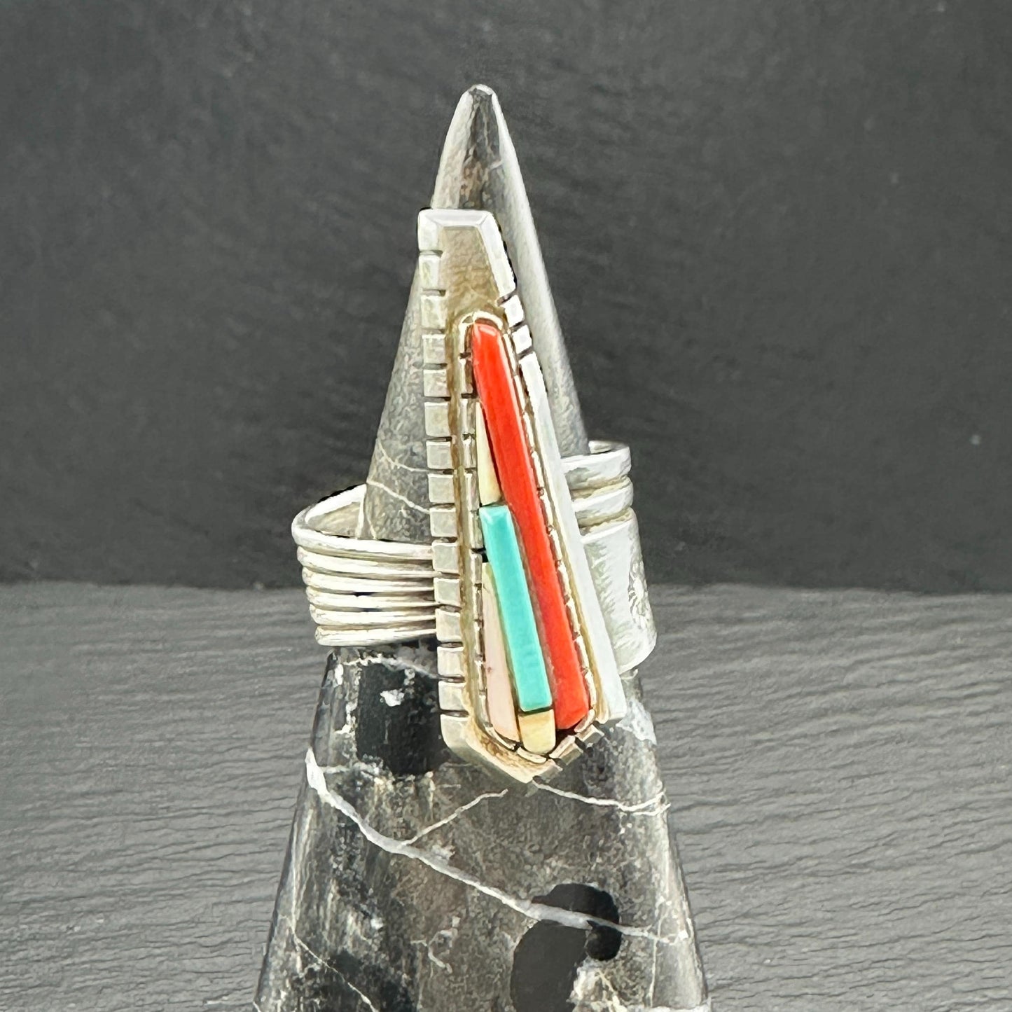 David Tune Inlay Ring Coral Turquoise Sterling Silver MOP R5809
