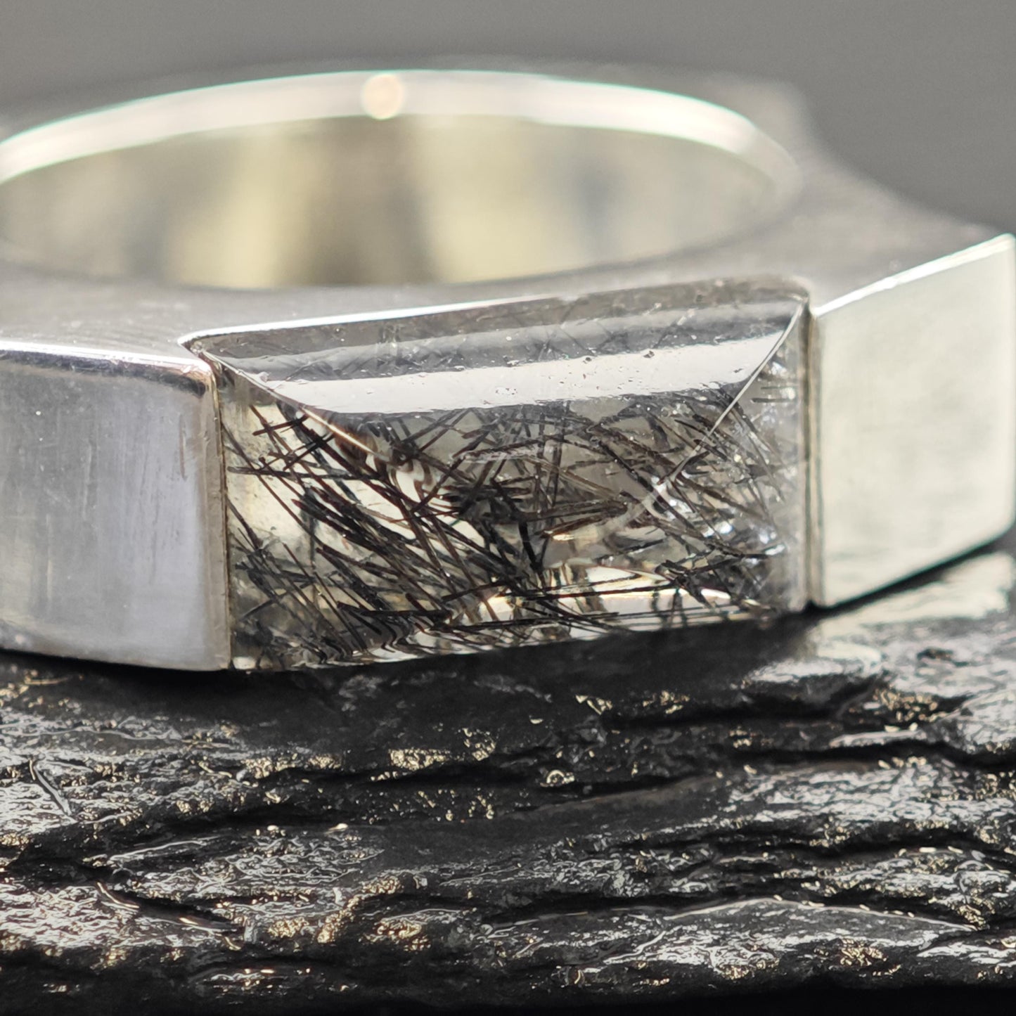 Black Rutilated Quartz Abstract Ring Sterling Silver Sz 8