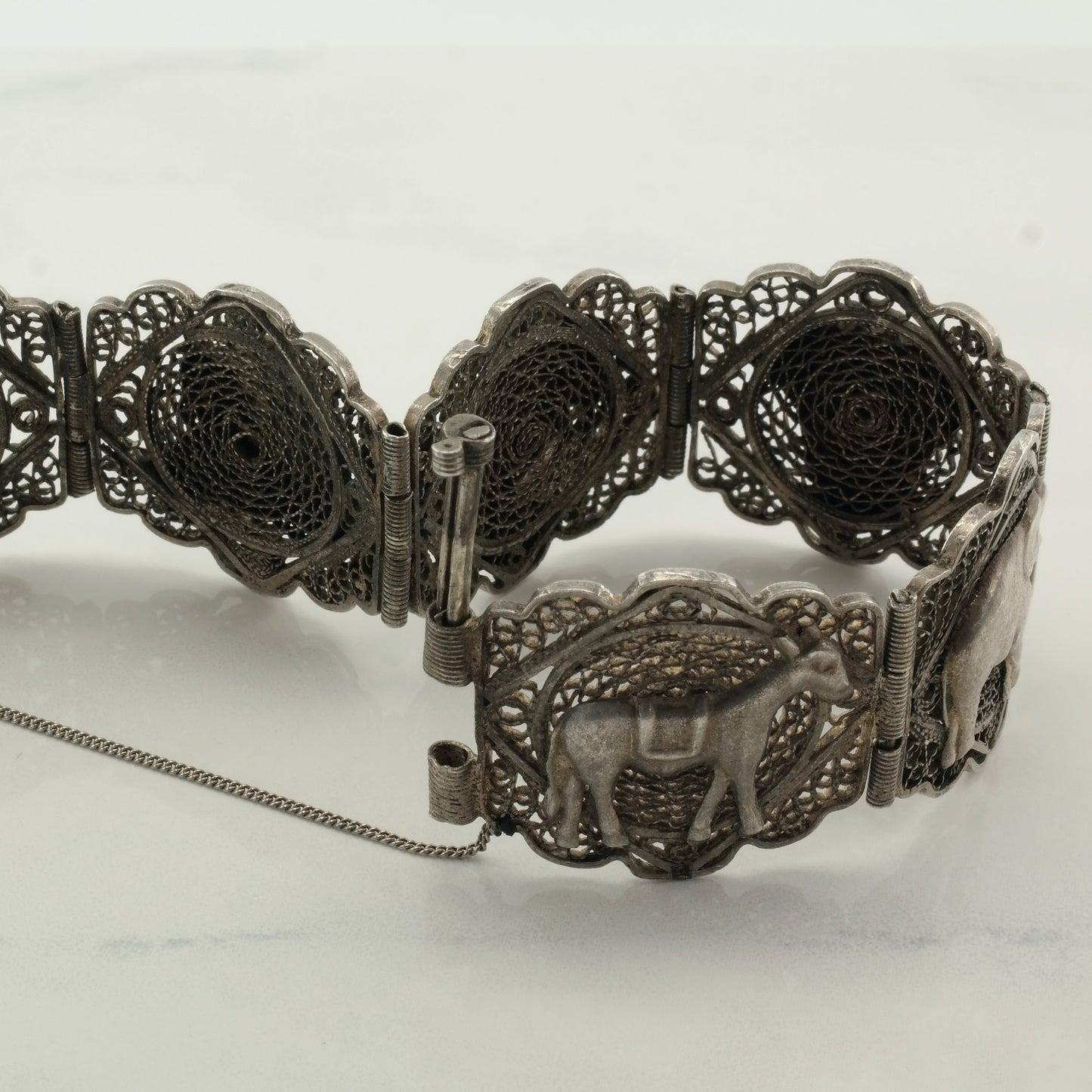 Archeological Revival Sterling Silver Link Filigree Bracelet