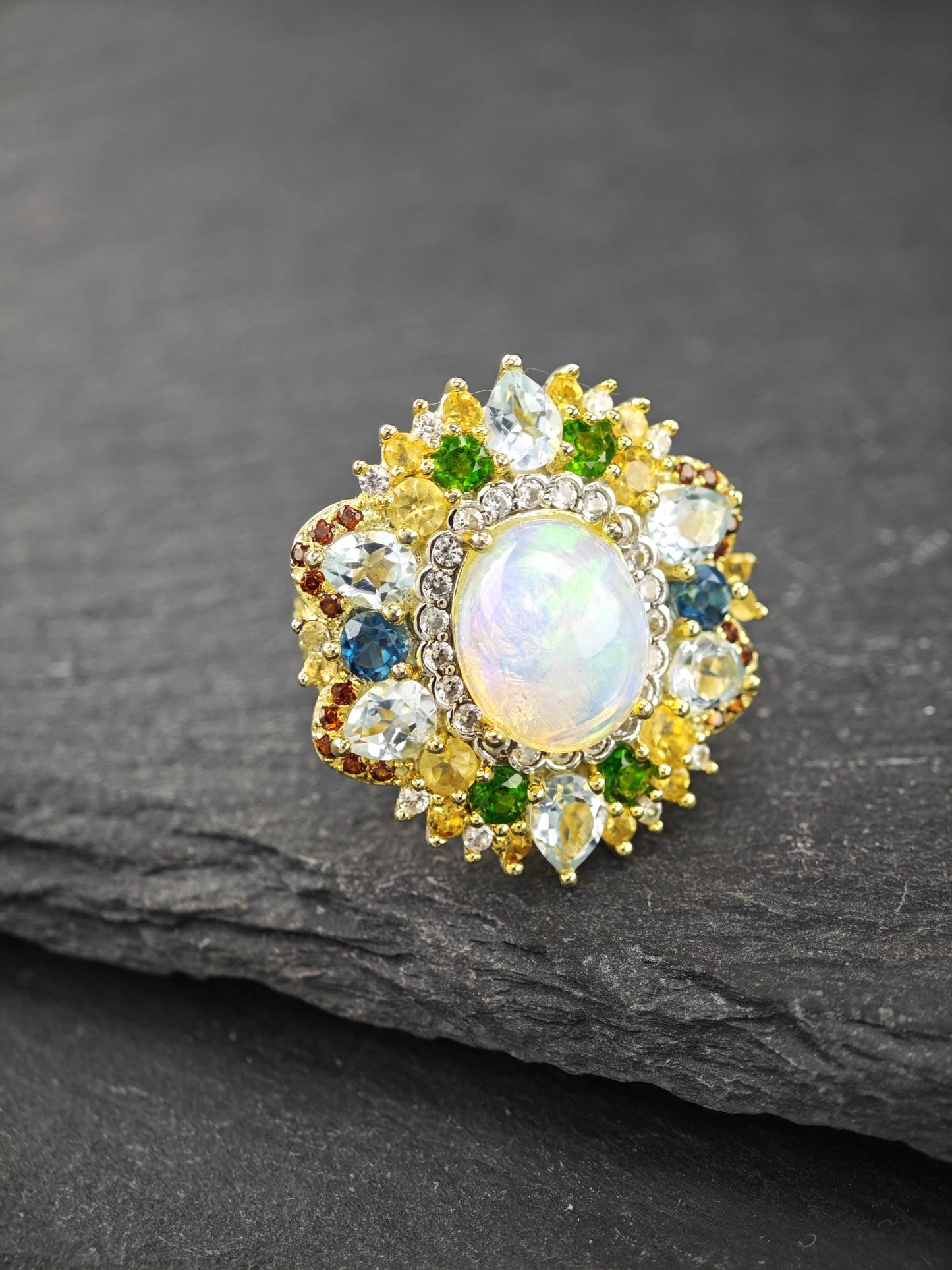 Vintage Multi-stone, Topaz, Opal Ring Sterling Silver