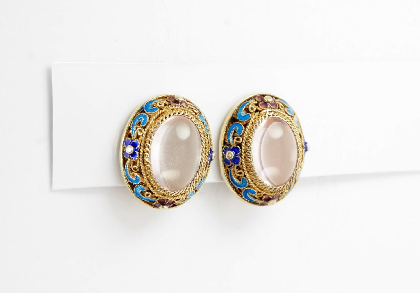Antique Chinese Export Gold Gilded Moonstone Clip On Earrings
