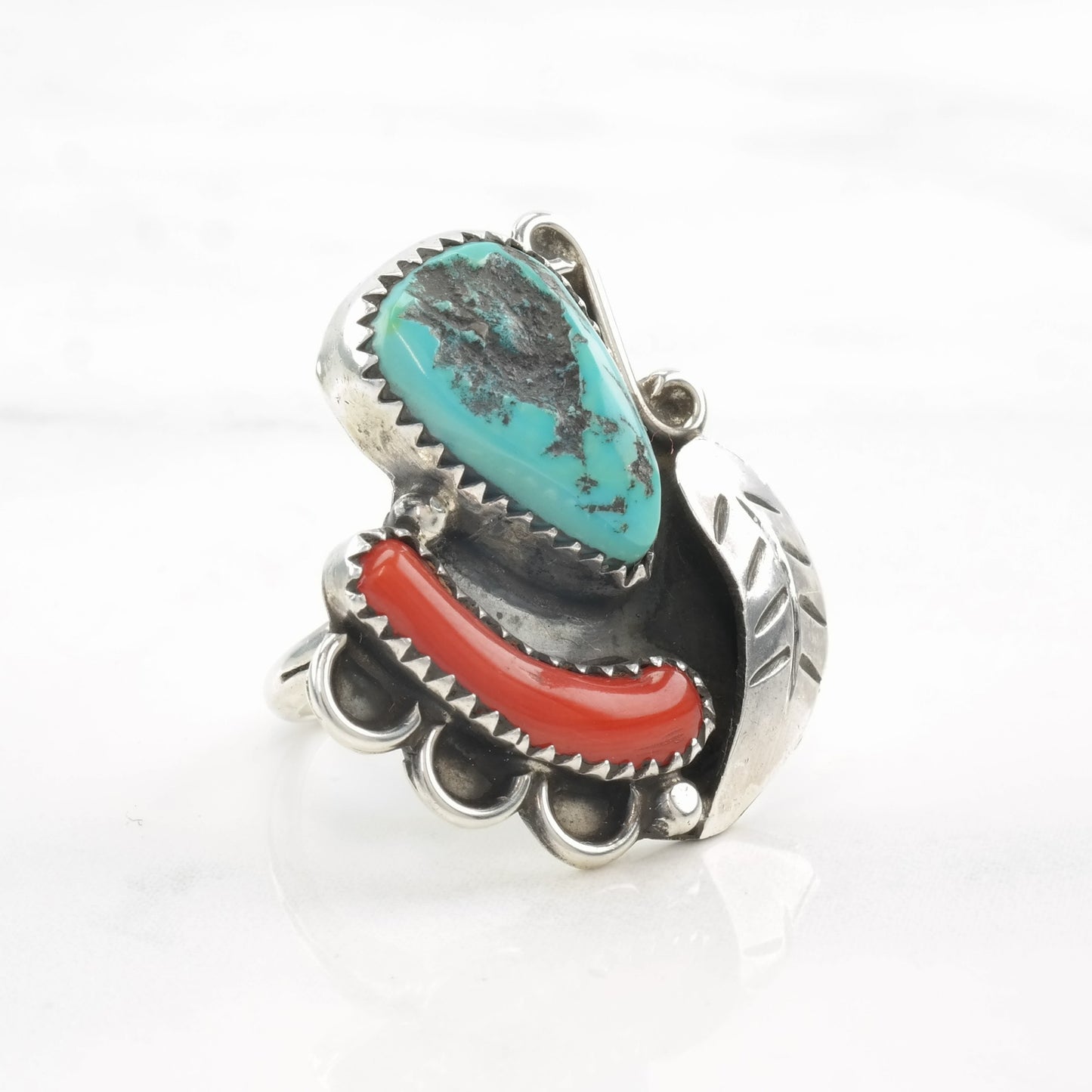 Native American Ring Turquoise, Coral Feather Sterling Silver Size 5 1/2