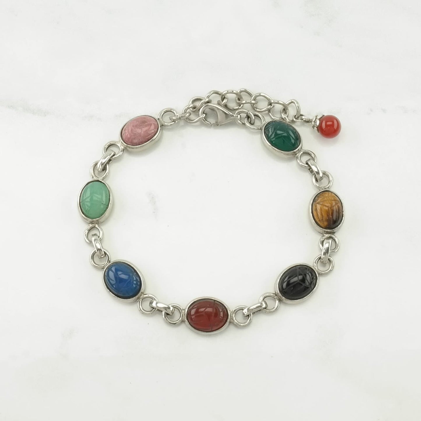 Choice Whitney Kelly Sterling Silver Link Bracelet Multi Stone Scarab, Carved