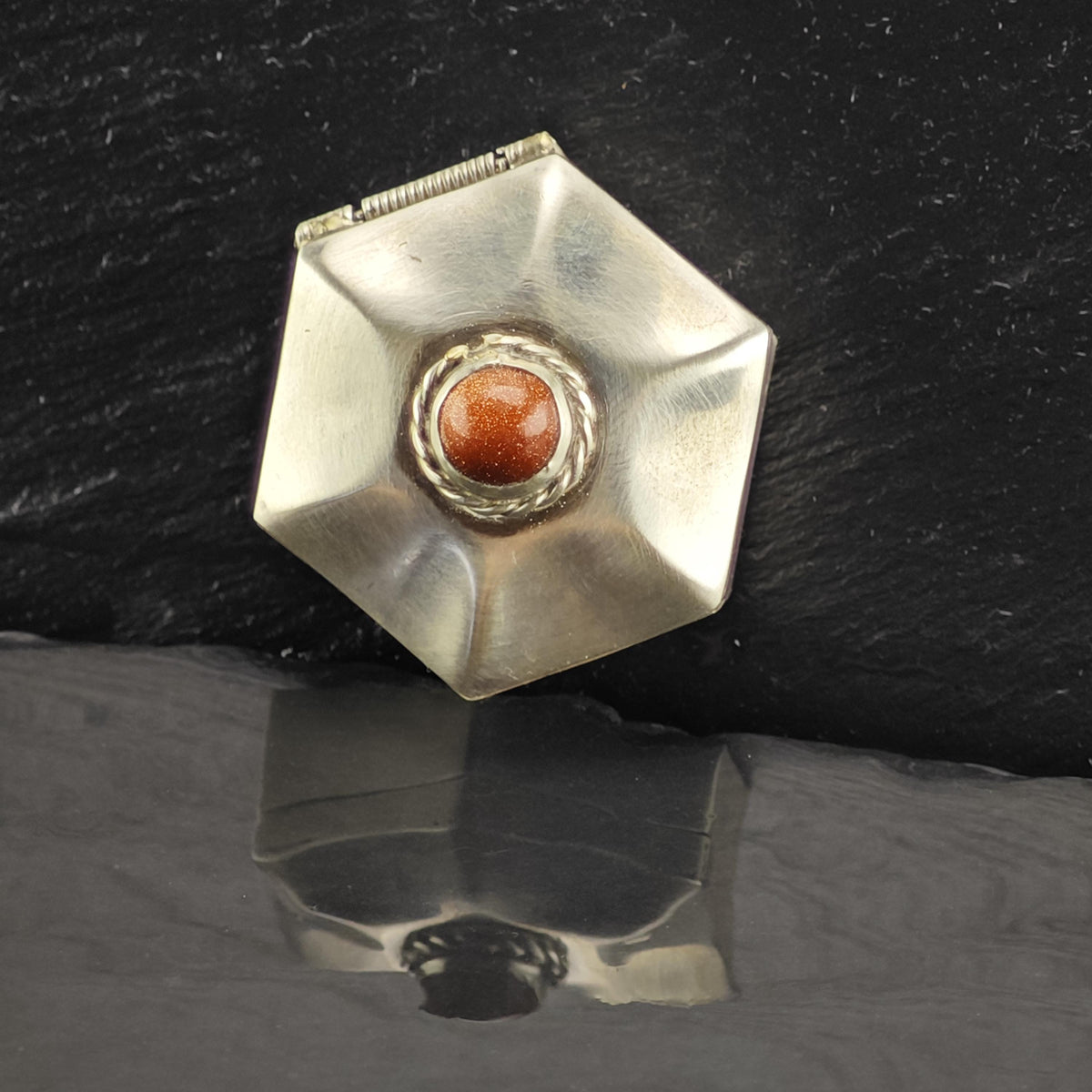 Vintage Orange Goldstone Trinket Box Sterling Silver MISC0424