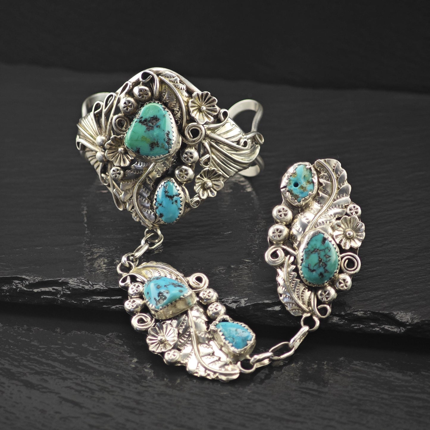 Native American Turquoise Floral Cuff Ring Bracelet Combo Sterling Silver