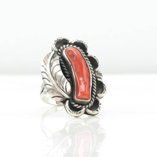 Vintage Native American Coral Silver Ring Sterling Shadow Box Red Size 6 3/4