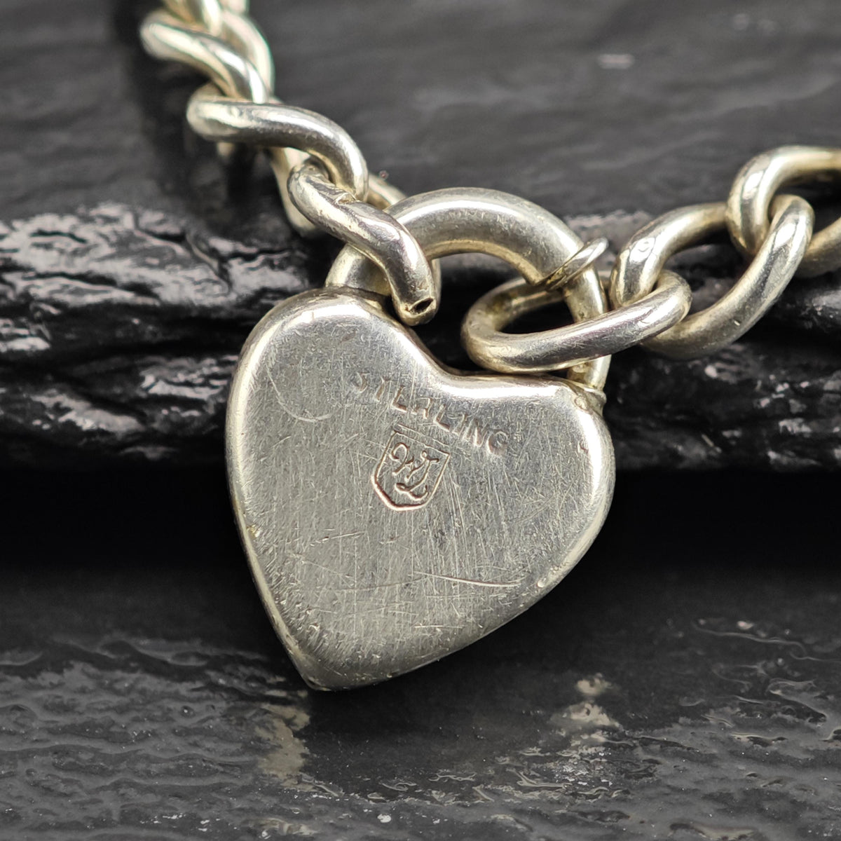 Antique Repousse Heart Lock Sterling Silver Bracelet Sz 6" BR3167