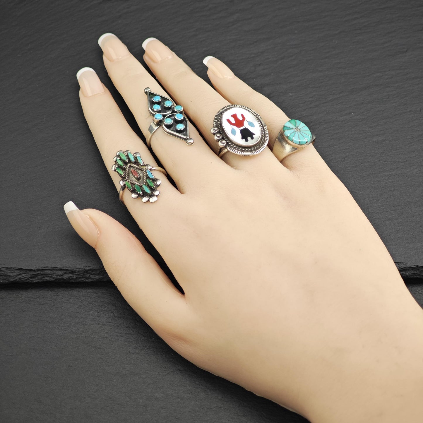 Vintage Native American Mother of Pearl Inlay Dancer Sterling Silver Ring Sz 7 R6647