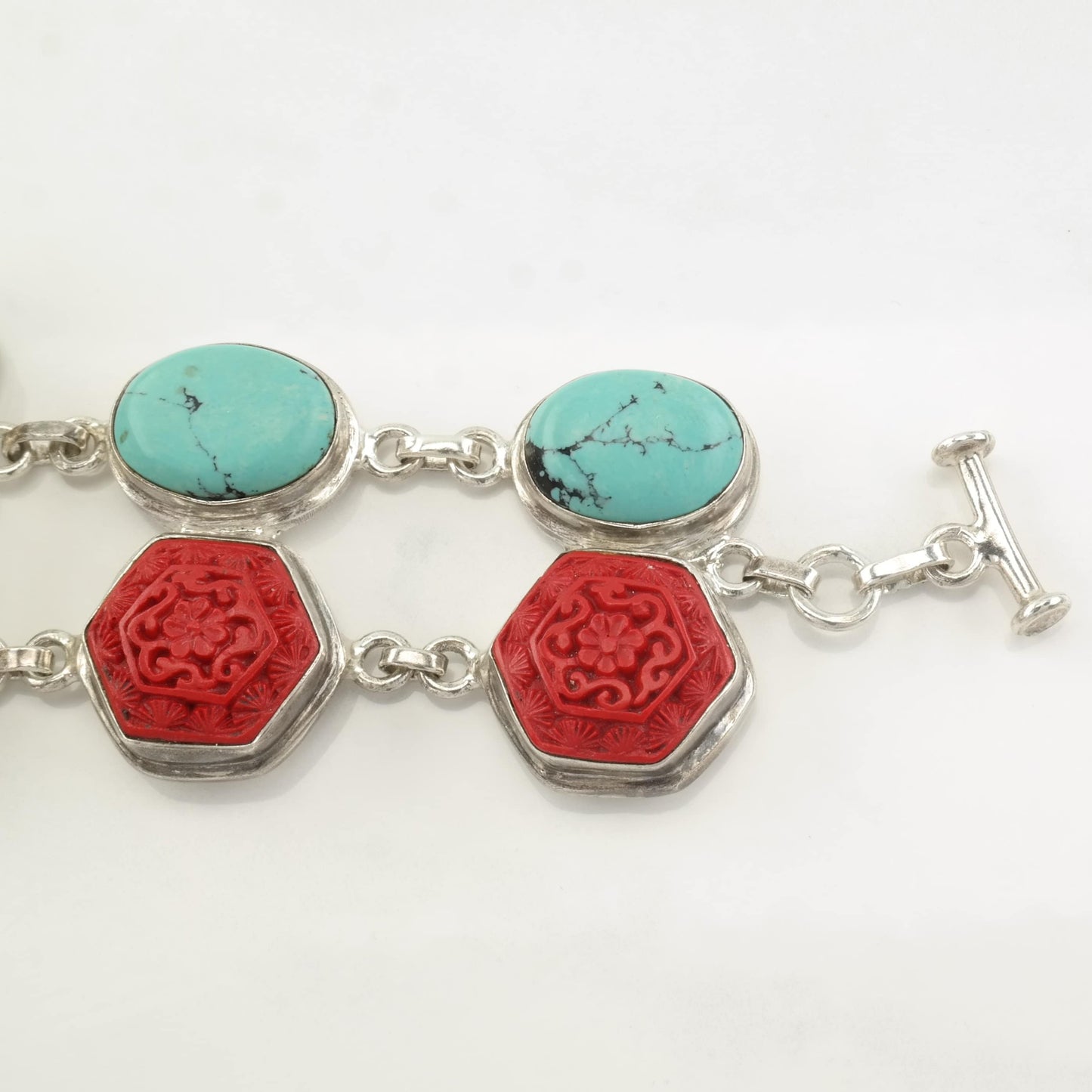 Sterling Silver Turquoise, Cinnabar, Lizard, Carved Link Bracelet