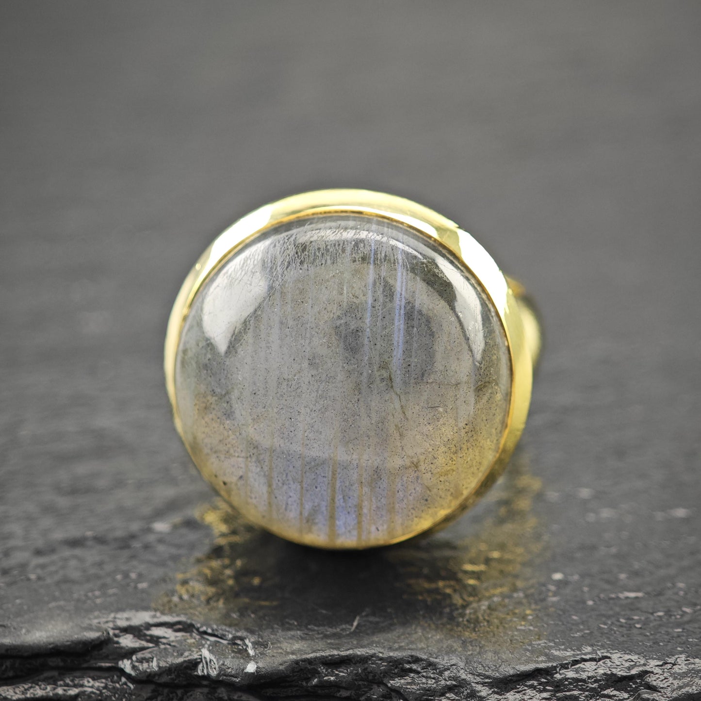 Gold Gilded Round Labradorite Ring Sterling Silver Sz 8