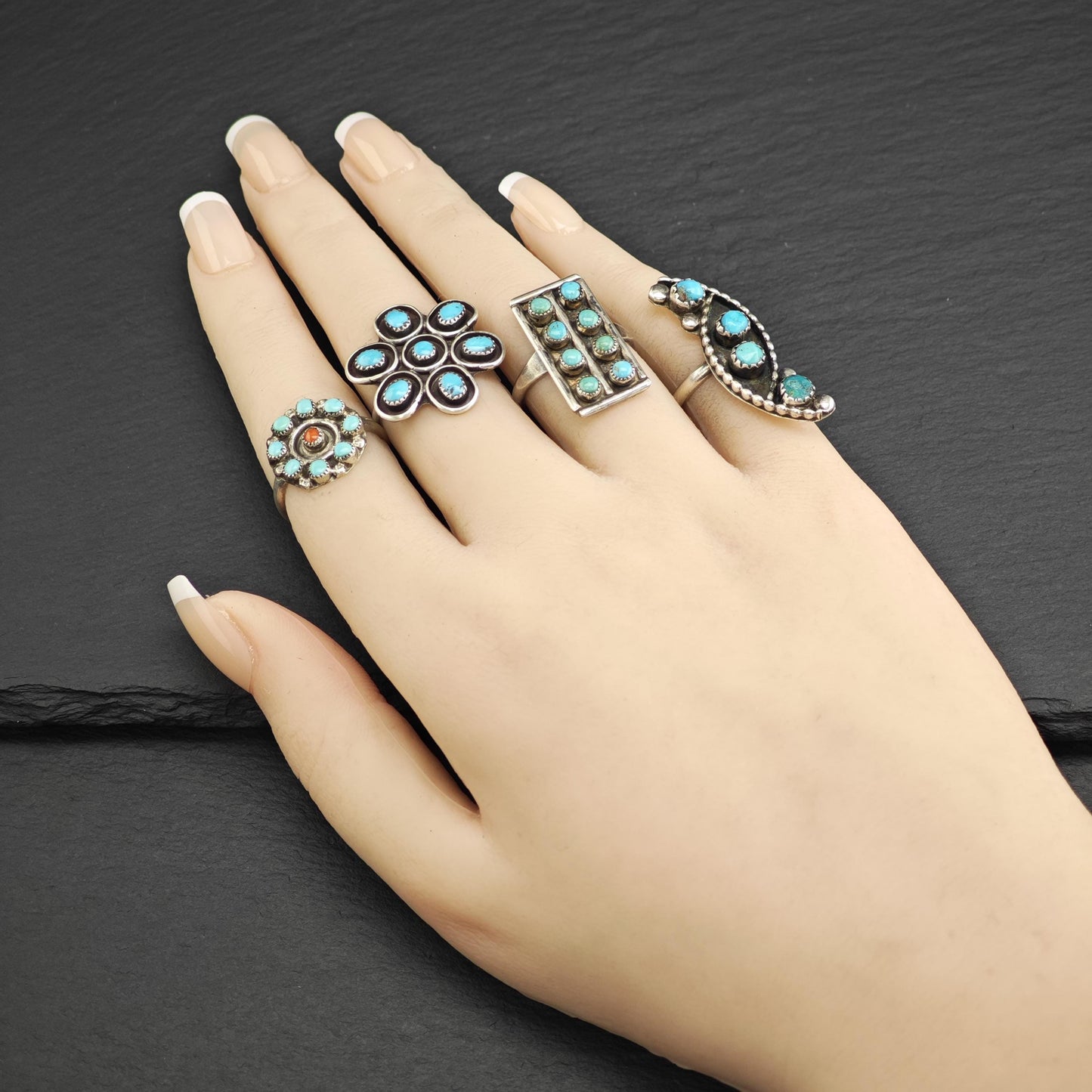 Vintage Native American Turquoise Flower Sterling Silver Ring Sz 7 3/4 R6646