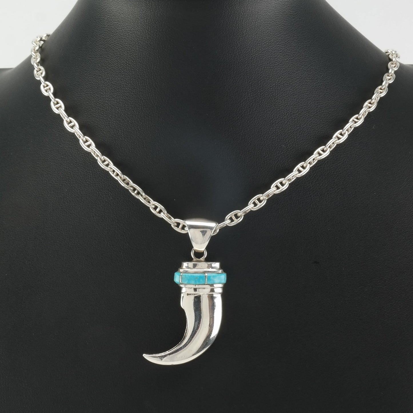 Southwest Sterling Silver Blue Turquoise Inlay Silver Faux Claw Necklace