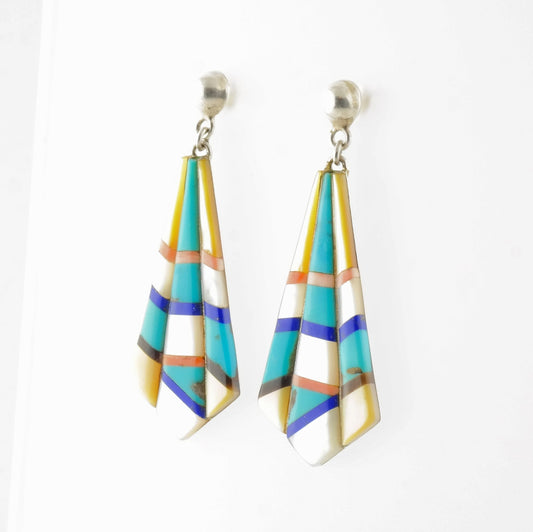 Sterling Silver Blue Yellow Turquoise Lapis Onyx Mother of Pearl Spiny Oyster Inlay Earrings