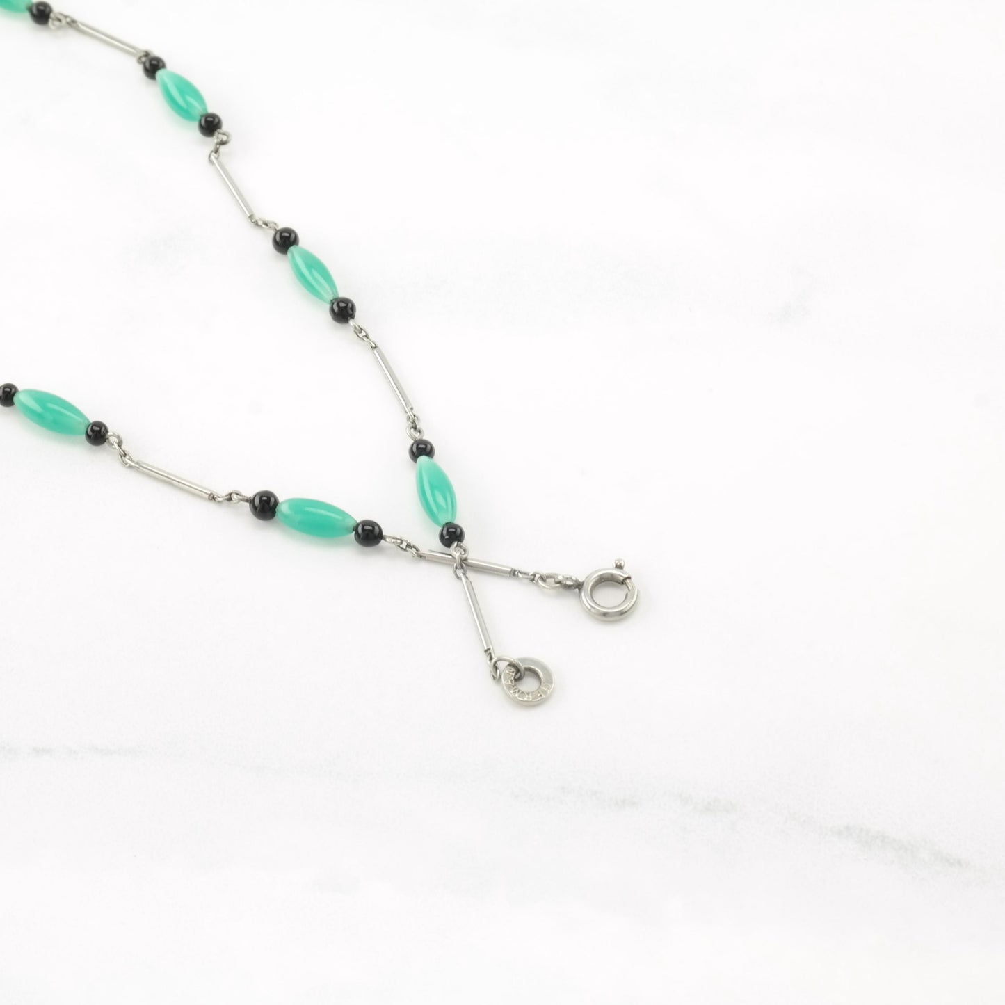 Art Deco Chrysoprase, Onyx, Marcasite Sterling Silver Necklace N2375