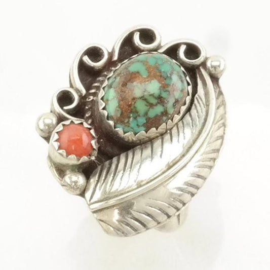 Native American Silver Ring Spiderweb Turquoise, Coral Feather Sterling Green, Red Size 6 1/2