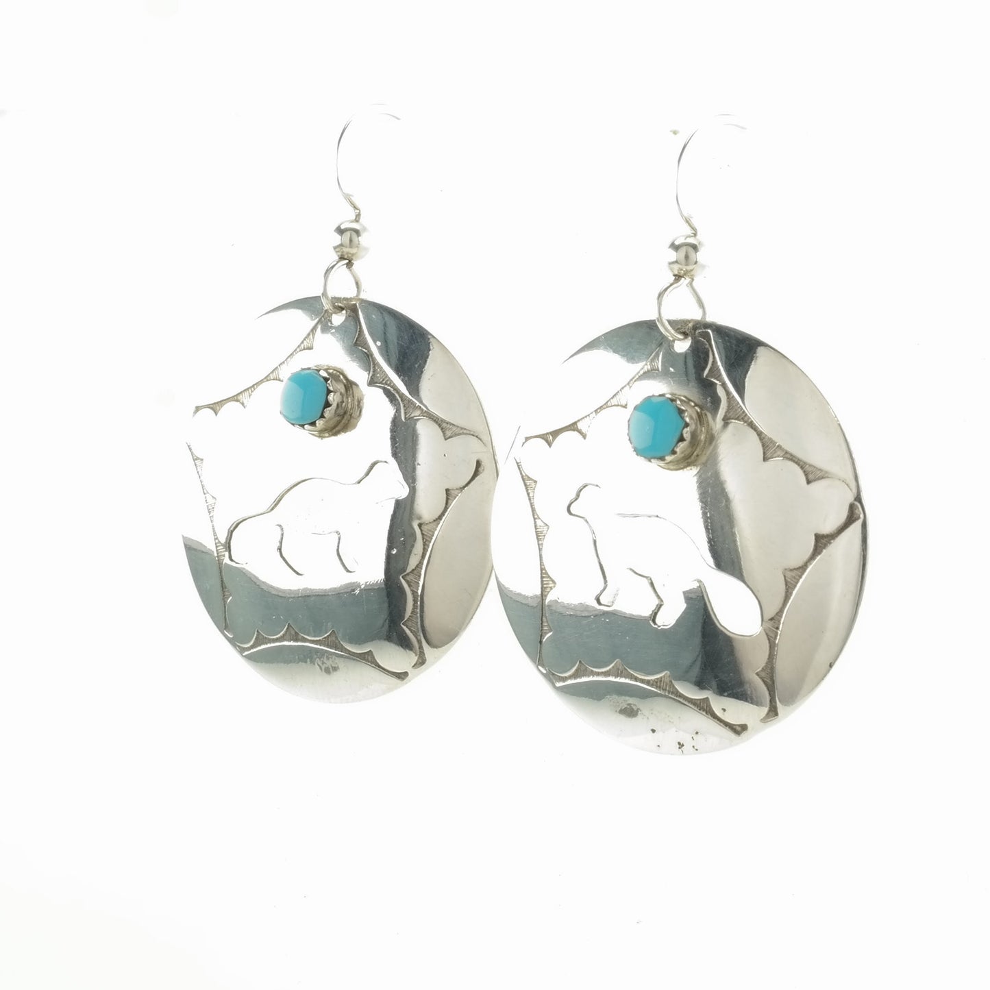 Vintage Native American Hook Earrings Sterling Silver Fish Blue Turquoise Beaver