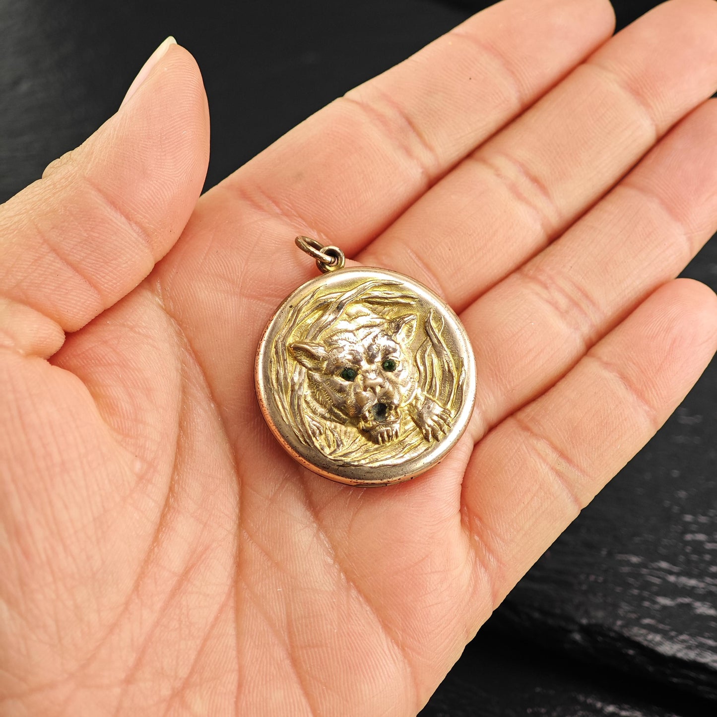 Antique Tiger Locket Gold Filled Pendant P3029