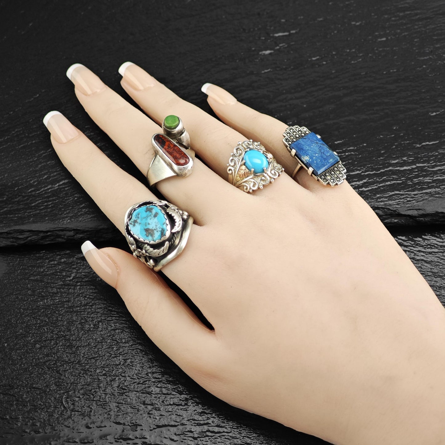 Art Deco Blue Gemstone Sterling Silver Ring Sz 3 1/4 R6593