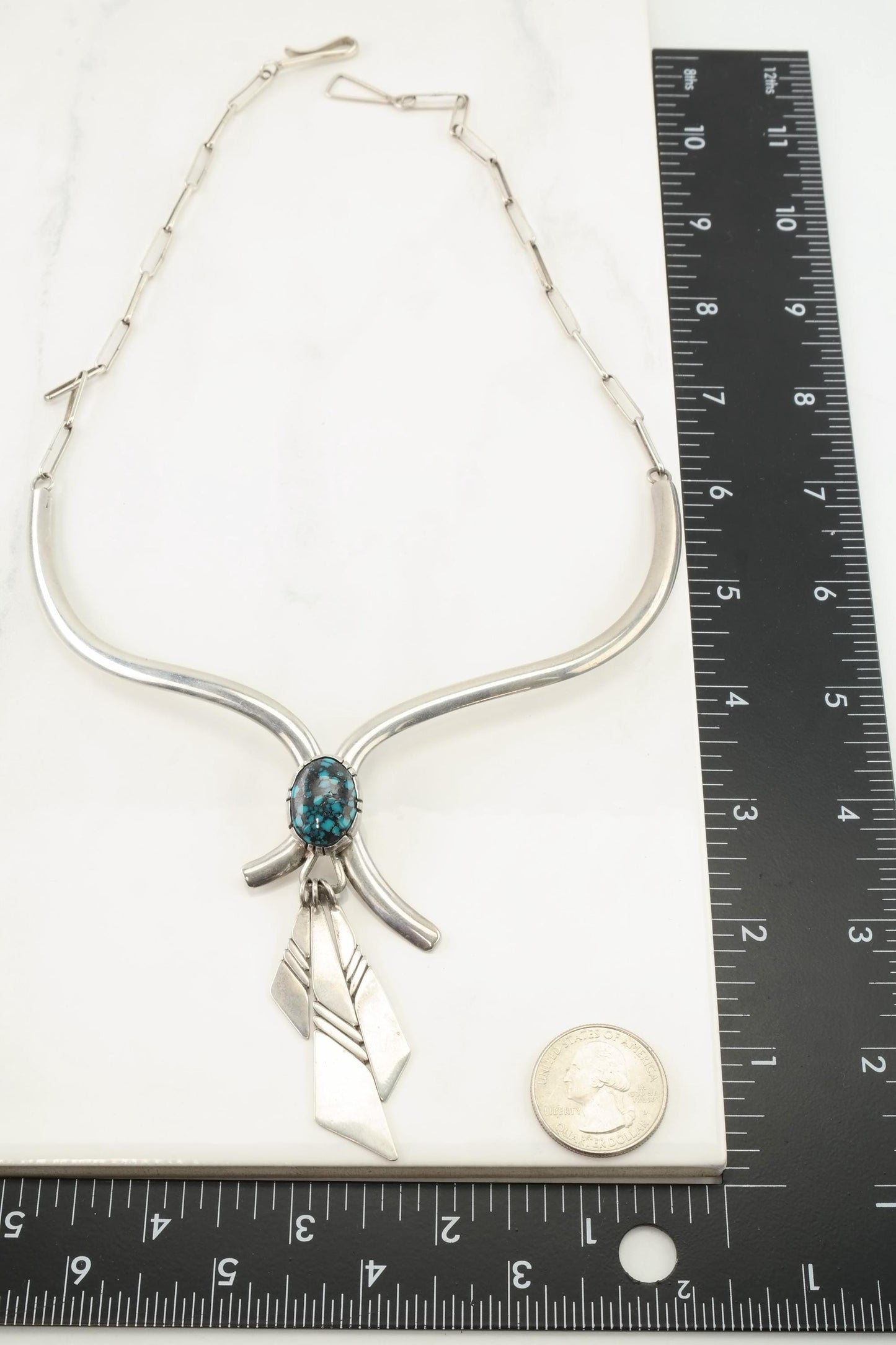 Native American Sterling Silver Turquoise Necklace, Spiderweb Turquoise, Choker, LM Nez, 1970s